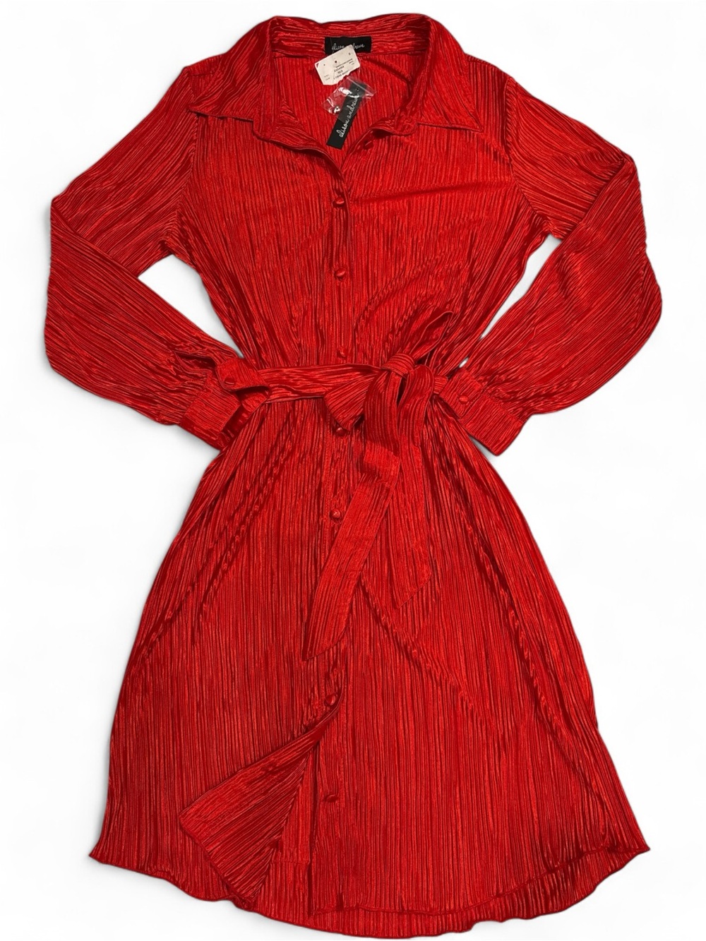 Alison Andrews Red Accordion Pleated Shirt Dress with Tie Belt SZ. L NWT